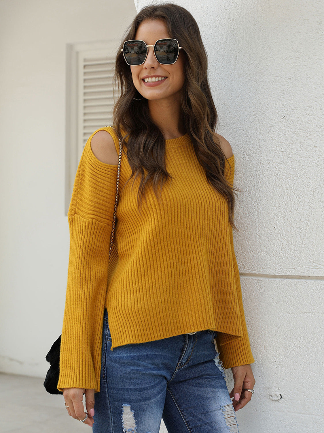 Honeybee Mumford's Ribbed Round Neck Cold Shoulder Knit Top