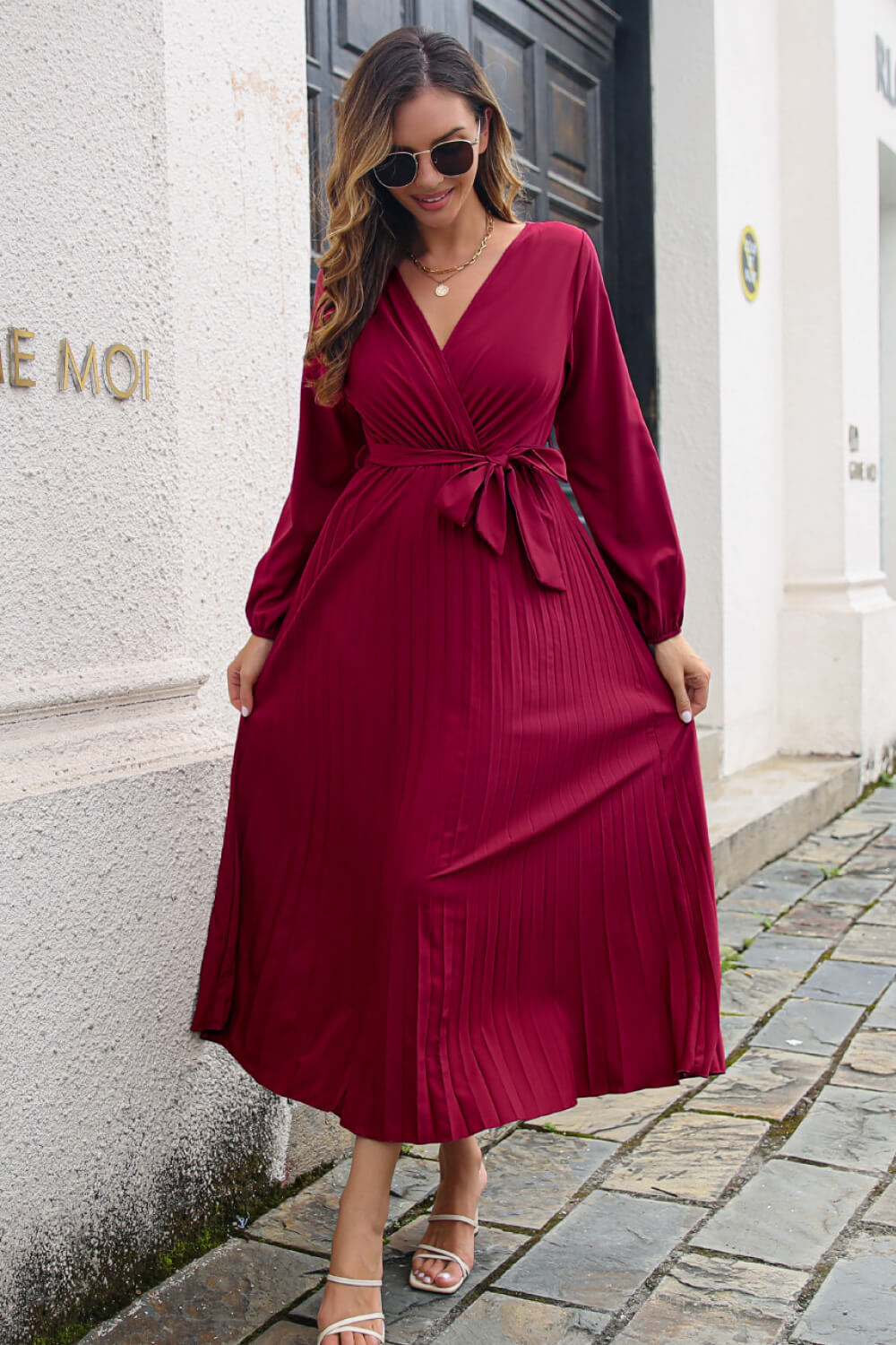 Honeybee Mumford's Pleated Long Sleeve Surplice Maxi Dress