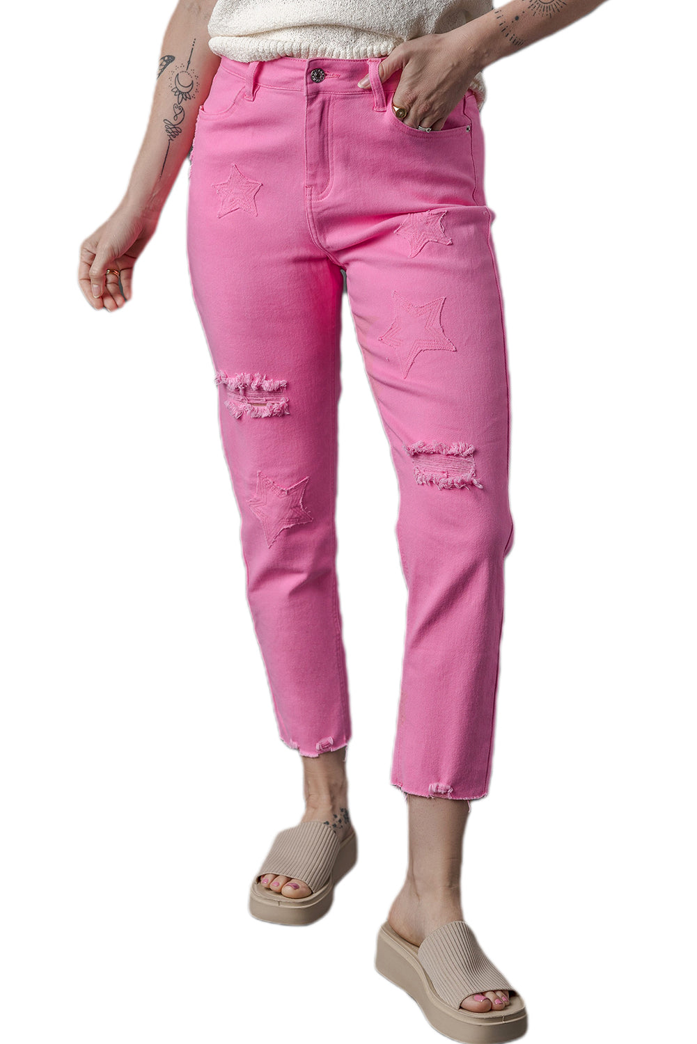 Honeybee Mumford's Pink Star Shape Patchwork Mid Waist Straight Leg Jeans