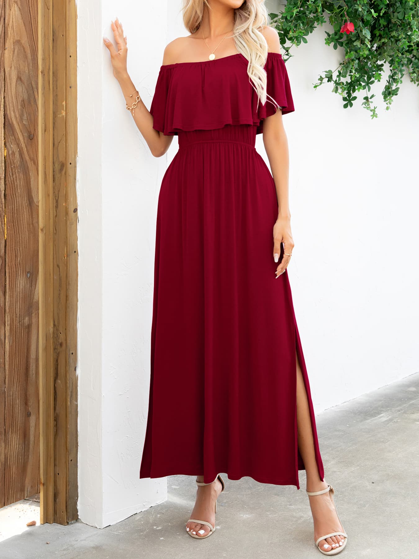 Honeybee Mumford's Off-Shoulder Slit Maxi Dress