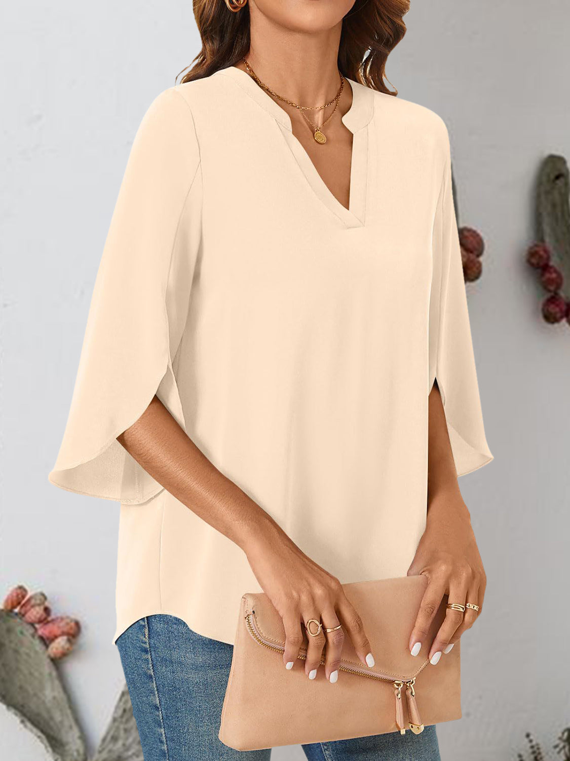 Honeybee Mumford's Notched Slit Half Sleeve Blouse