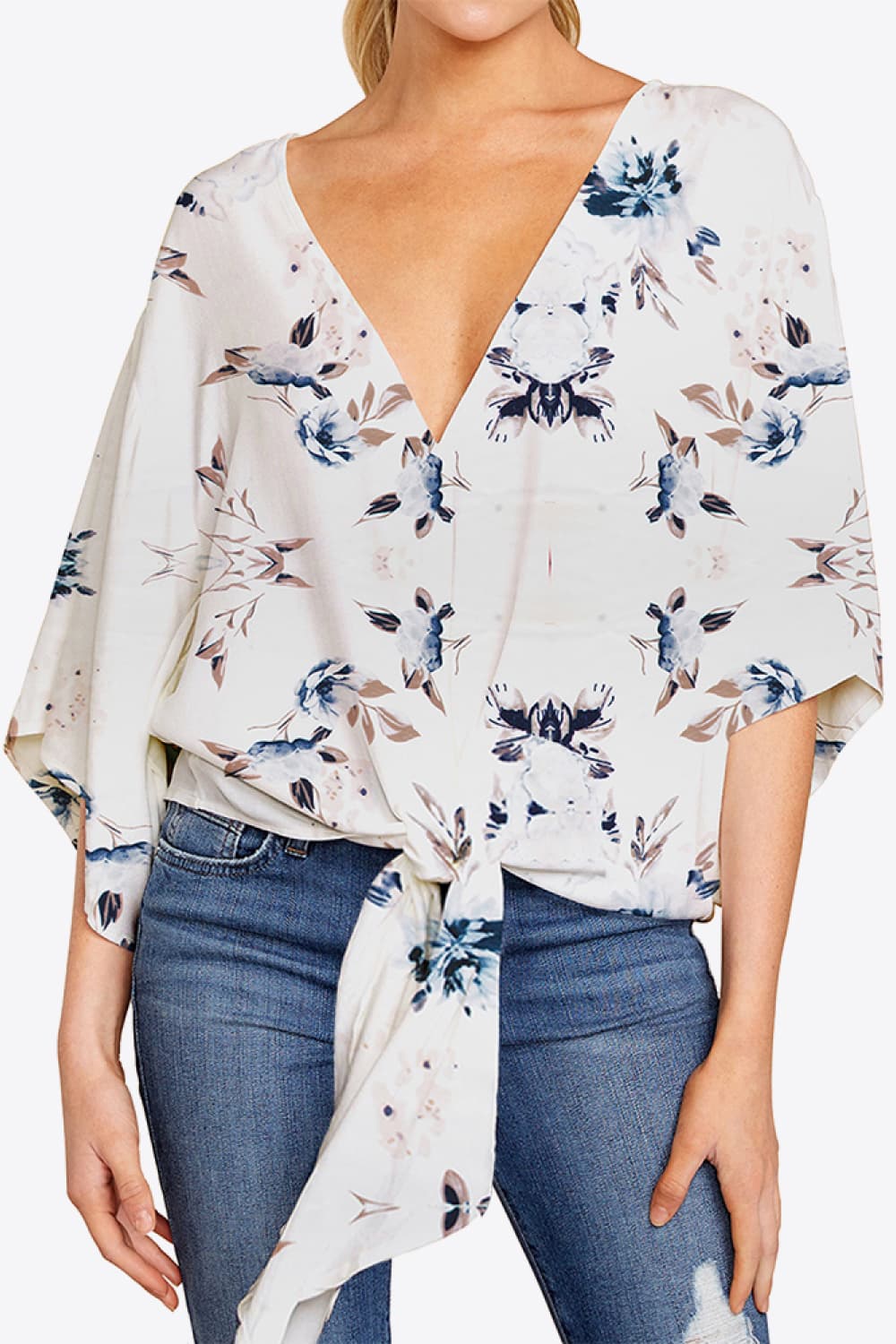 Honeybee Mumford's Printed Deep V Tie Hem Blouse