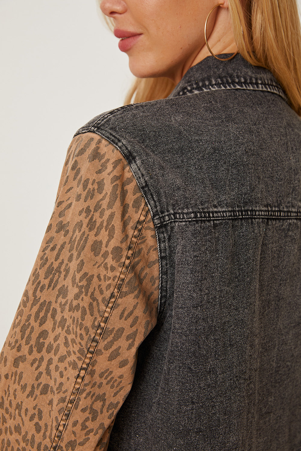 Honeybee Mumford's Leopard Raw Hem Pocketed Denim Jacket