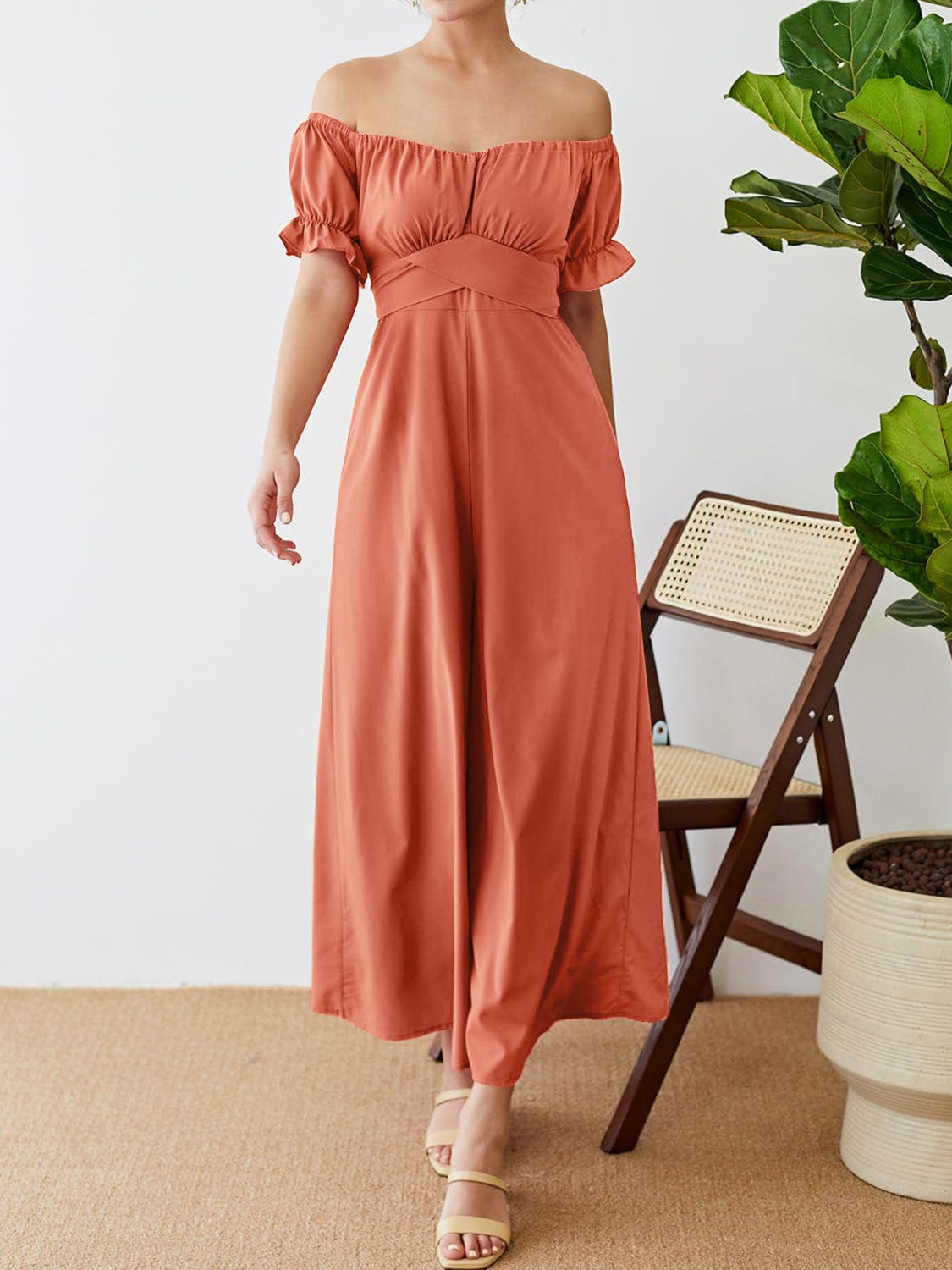 Honeybee Mumford's Off-Shoulder Short Sleeve Wide Leg Jumpsuit