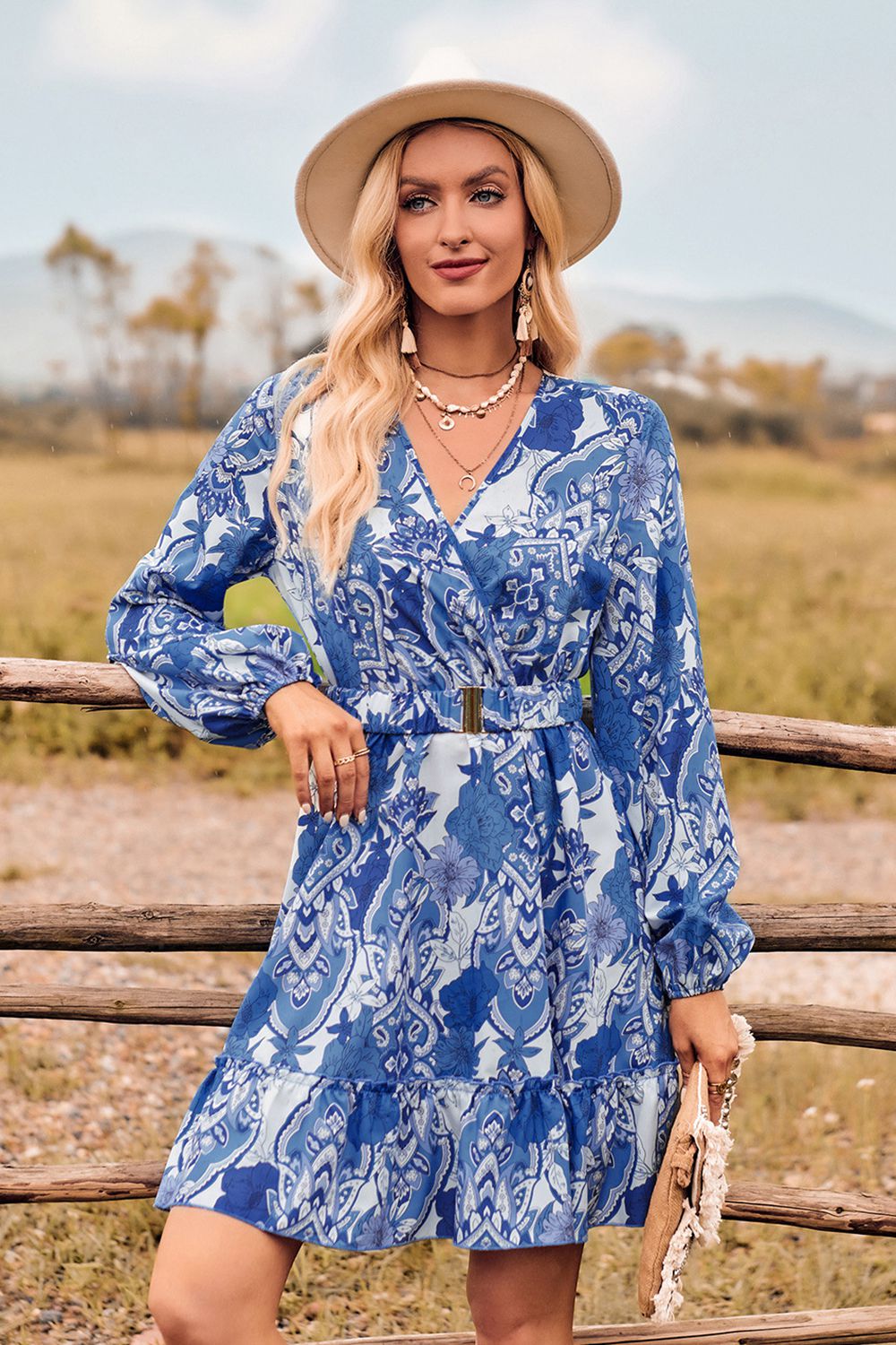 Honeybee Mumford's Printed Long Sleeve Dress w/ Surplice Neckline