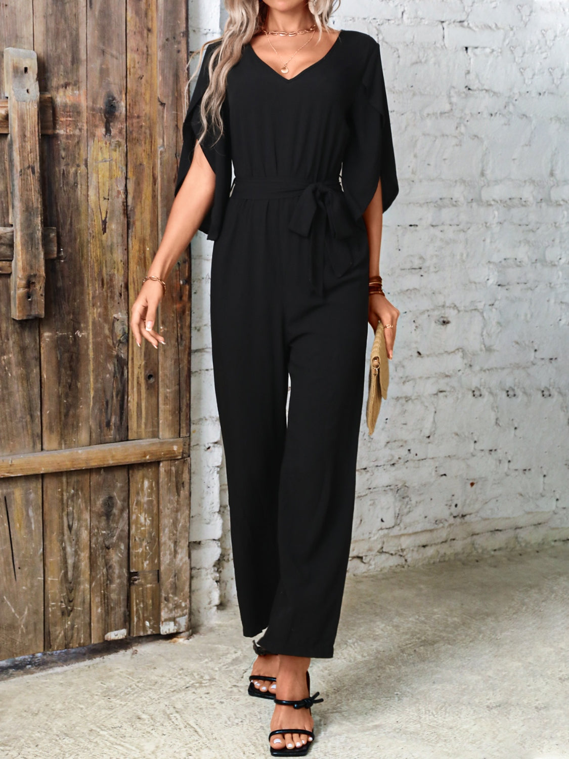 Honeybee Mumford's Tied V-Neck Half Sleeve Wide Leg Jumpsuit