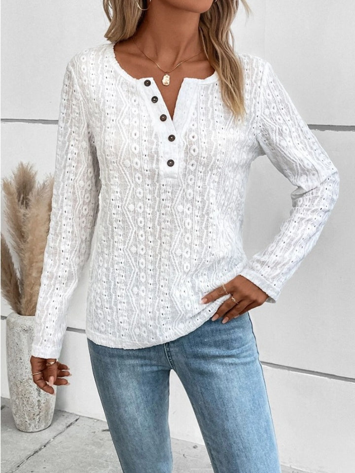 Honeybee Mumford's Openwork Half Button Long Sleeve Blouse