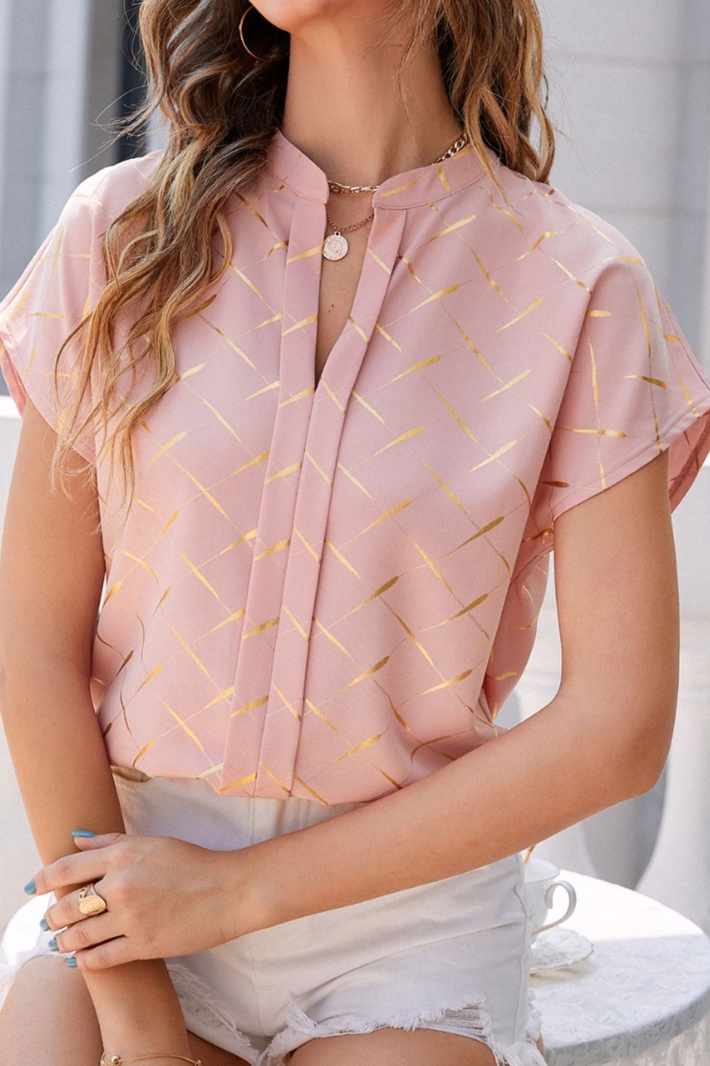 Honeybee Mumford's Printed Notched Short Sleeve Blouse