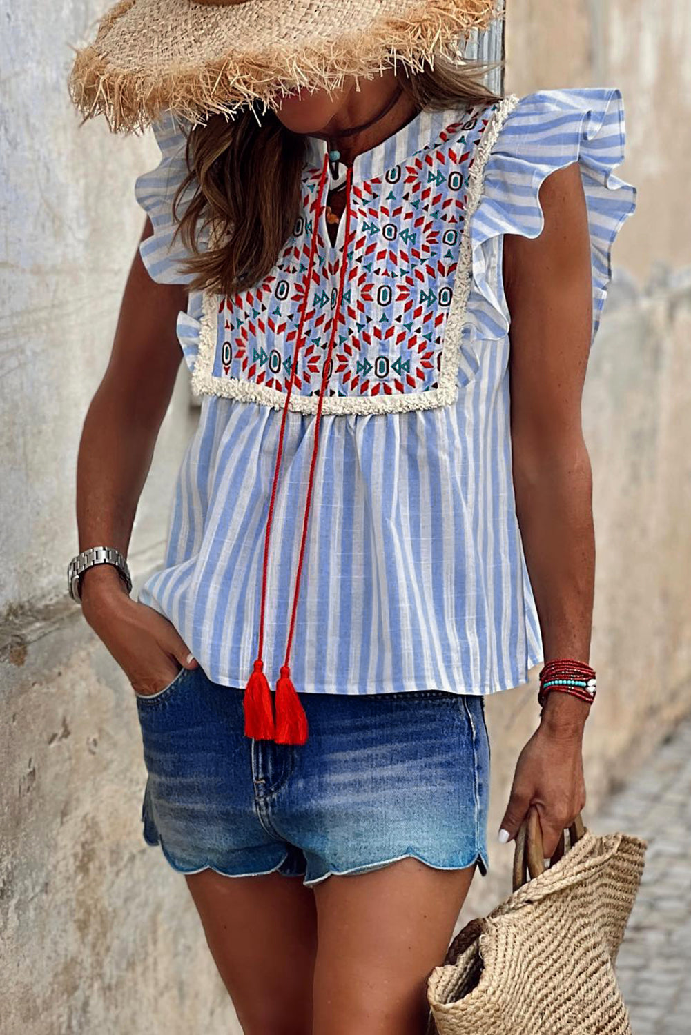 honeybee Mumford's Sky Blue Stripe Geo Pattern Embroidered Tassel Flutter Blouse