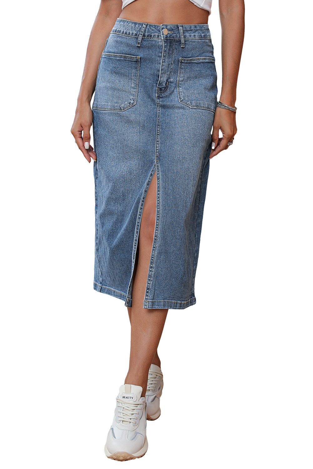 Honeybee Mumford's Sky Blue 4 Patch Pockets Front Slit Midi Denim Skirt