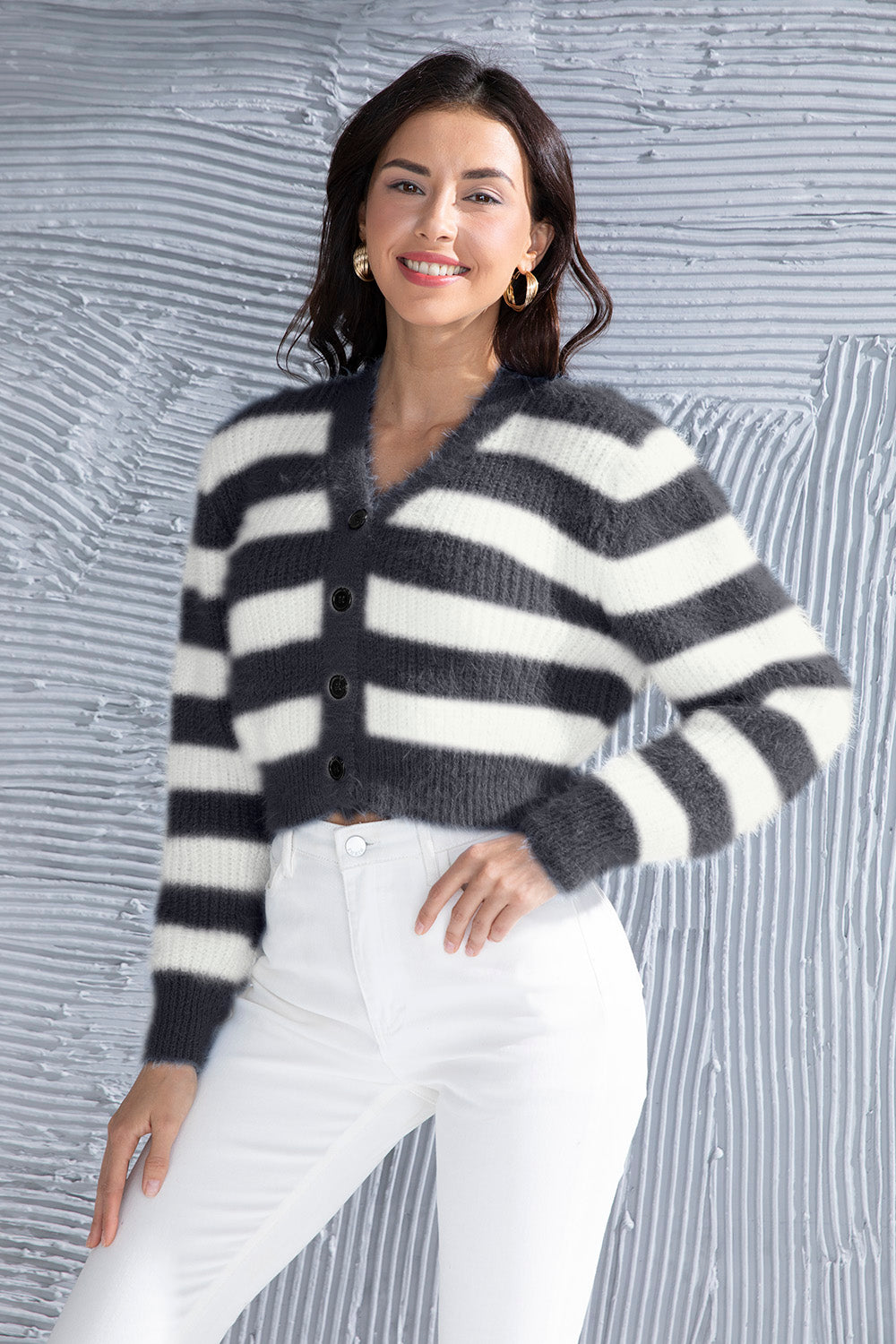 Honeybee Mumford's Striped Button Up Cropped Cardigan