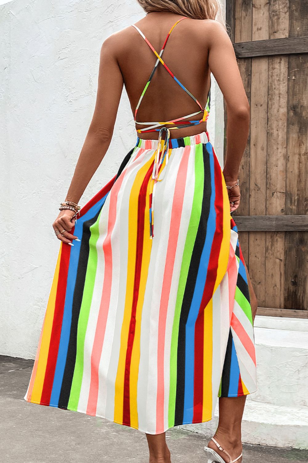 Honeybee Mumford's Multicolored Stripe Crisscross Backless Dress