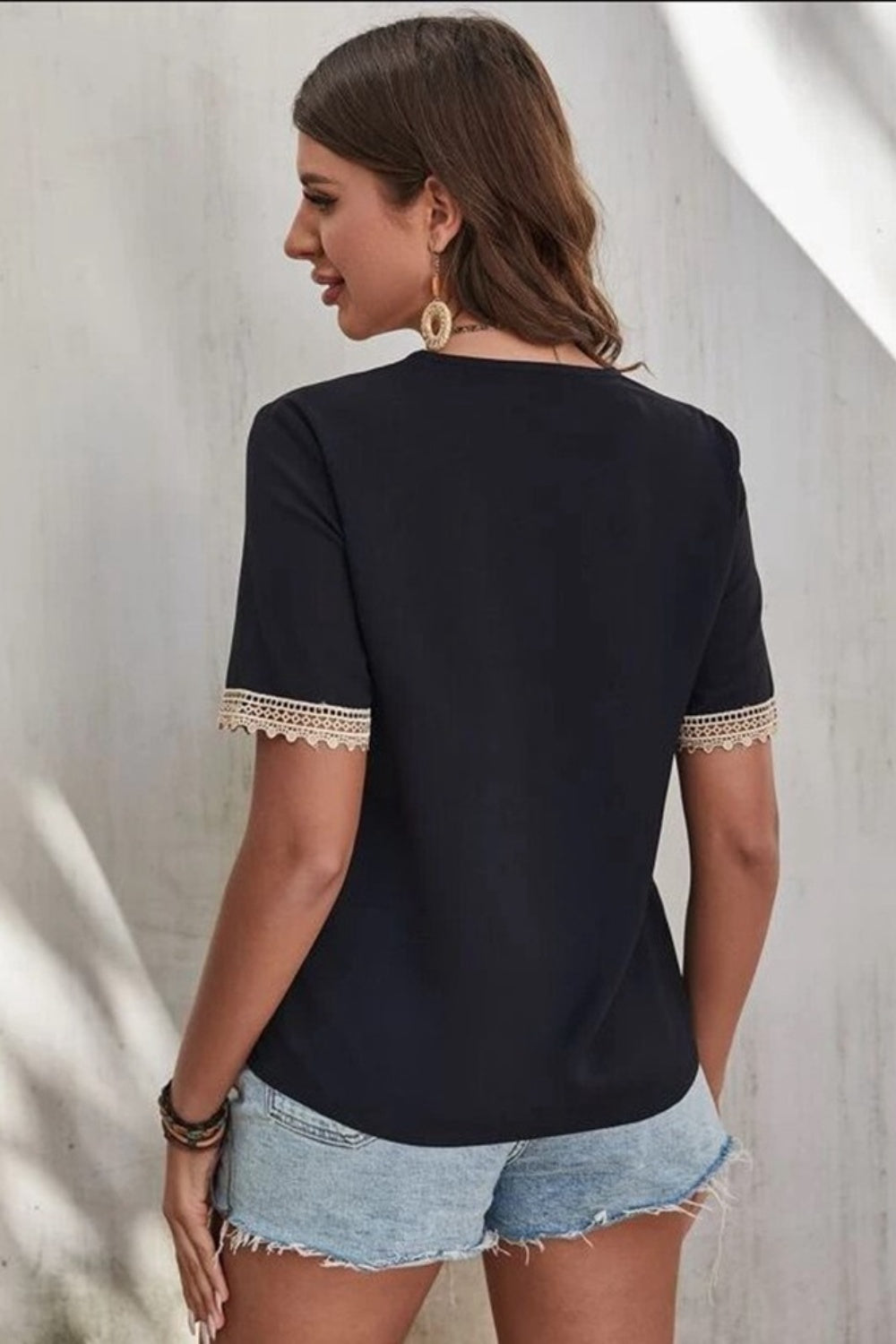 Honeybee Mumford's Lace Detail V-Neck Short Sleeve Blouse