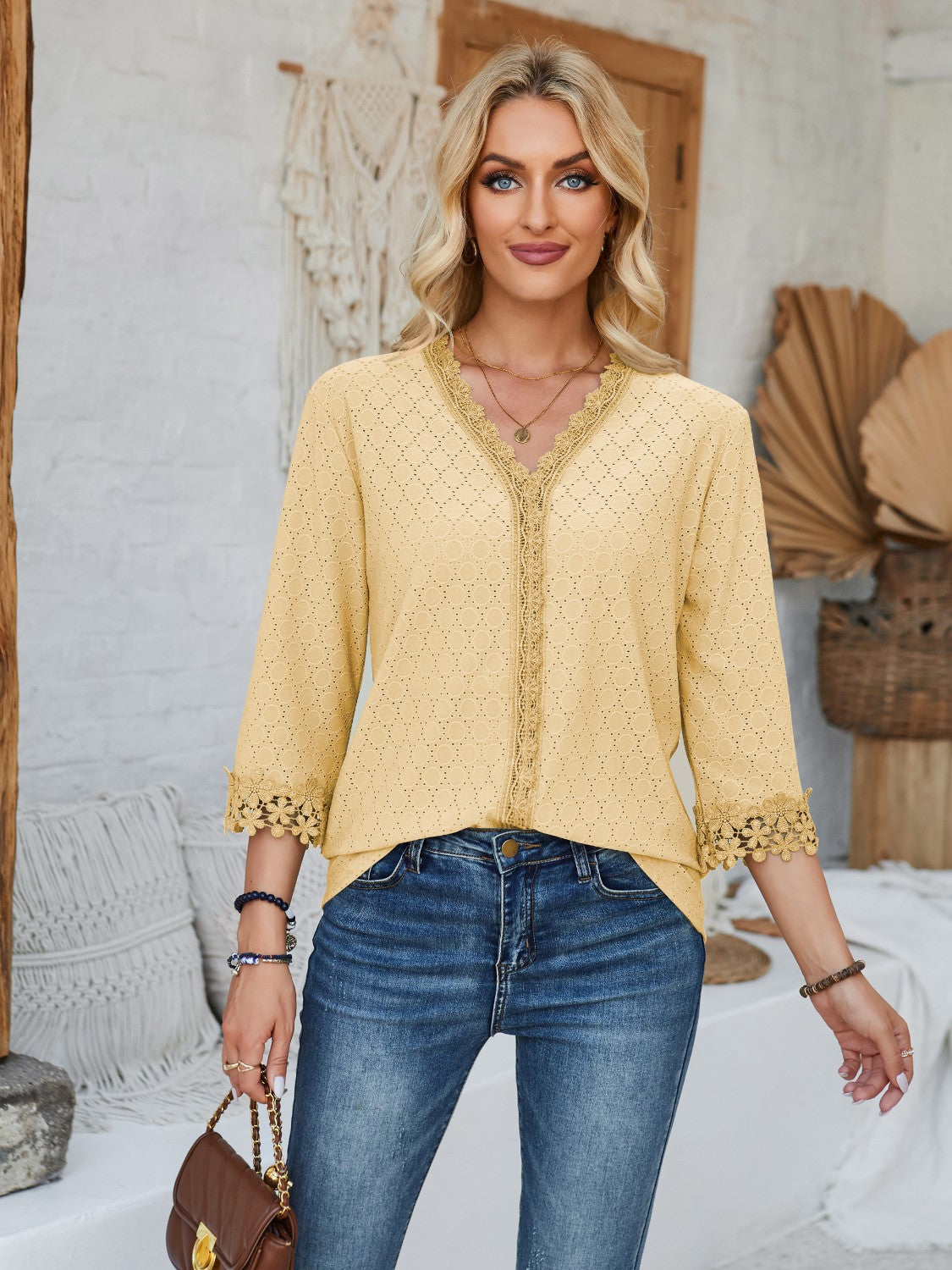 Honeybee Mumford's Lace Detail V-Neck Three-Quarter Sleeve Blouse