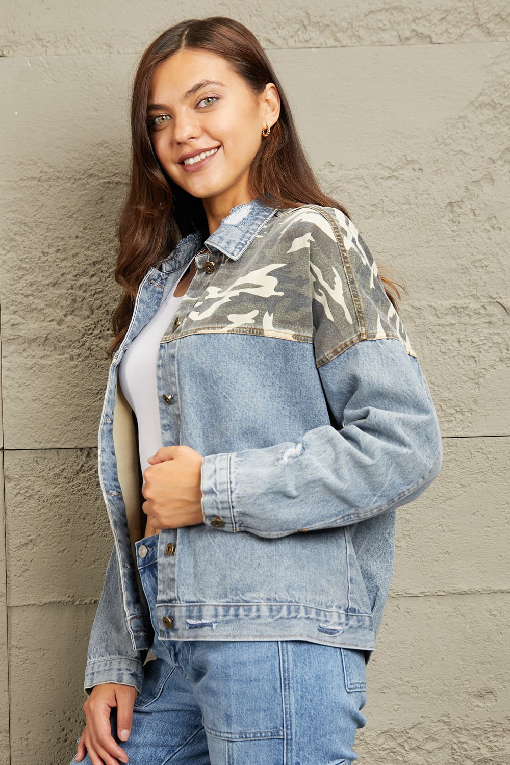 Honeybee Mumford's Full Size Washed Denim Camo Contrast Jacket