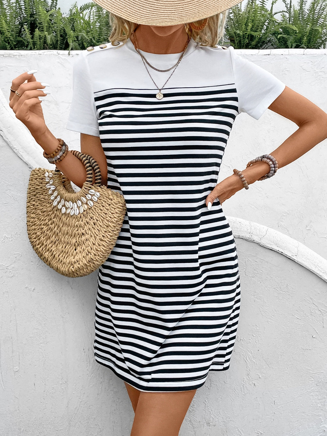 Honeybee Mumford's Striped Round Neck Short Sleeve Mini Tee Dress