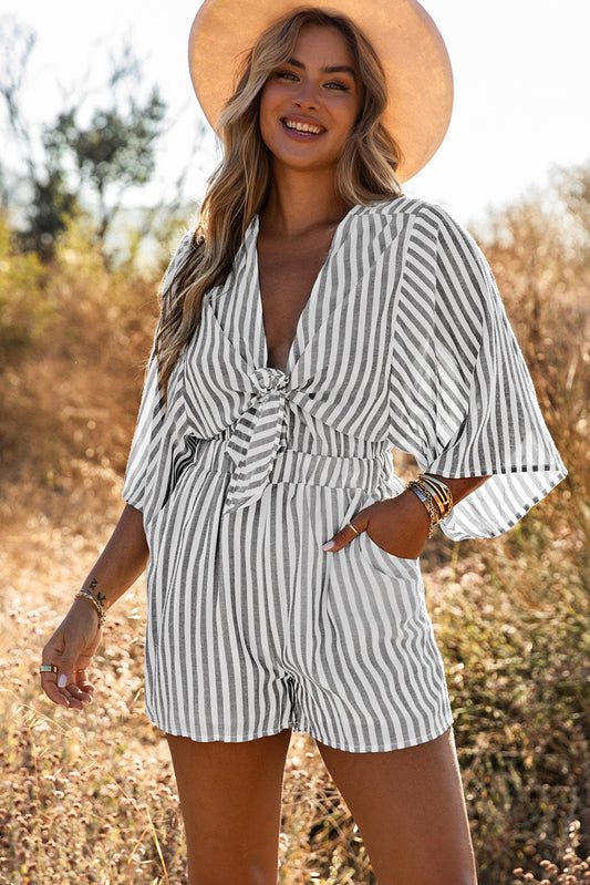 Honeybee Mumford's Gray 3/4 Wide Kimono Sleeves Tie Front Striped Romper with Pockets