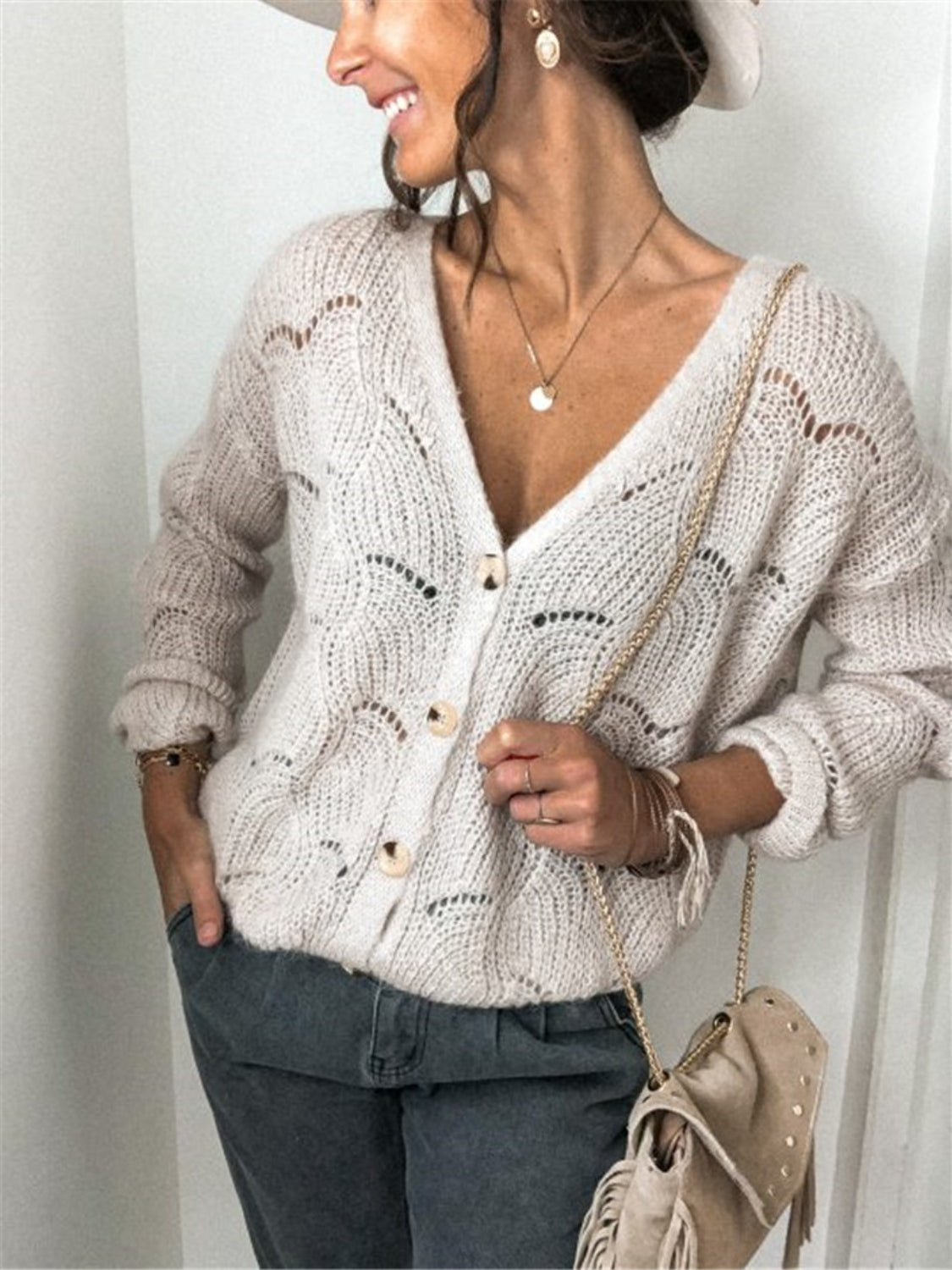 Honeybee Mumford's Openwork Button Up Long Sleeve Cardigan