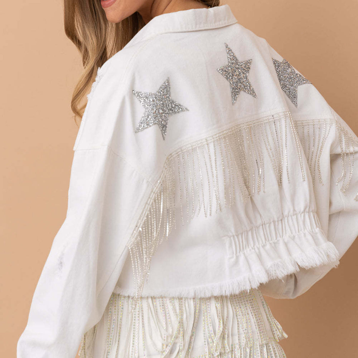 Honeybee Mumford's Star Raw Hem Fringe Detail Denim Jacket