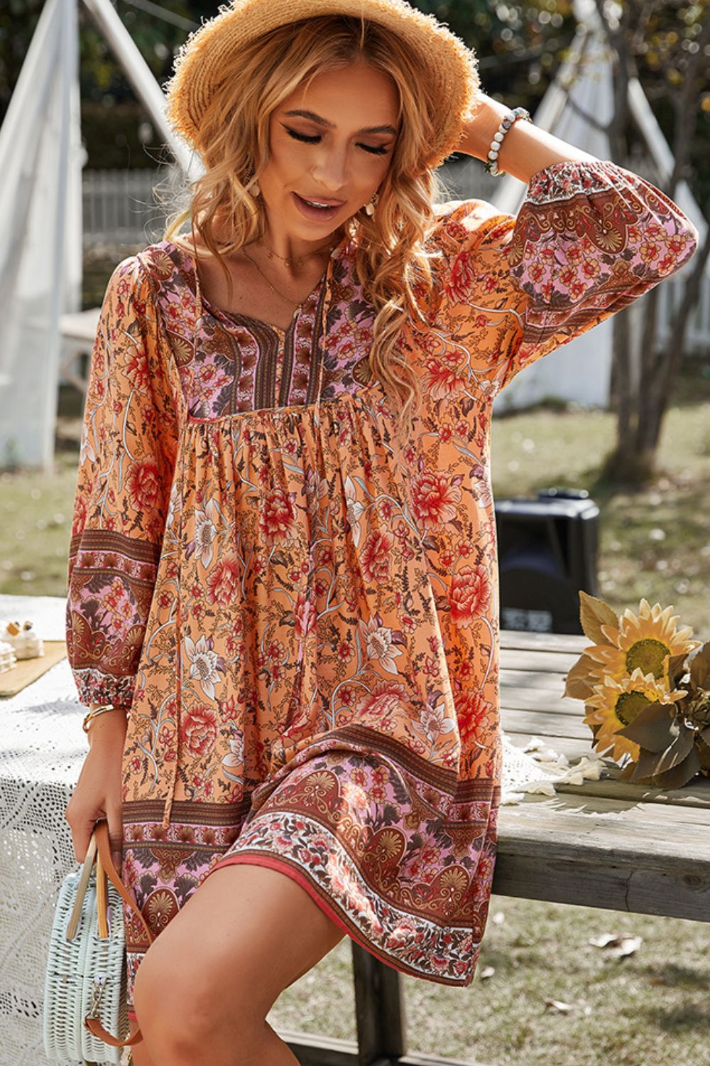 Honeybee Mumford's Bohemian Floral Tie Neck Balloon Sleeve Dress