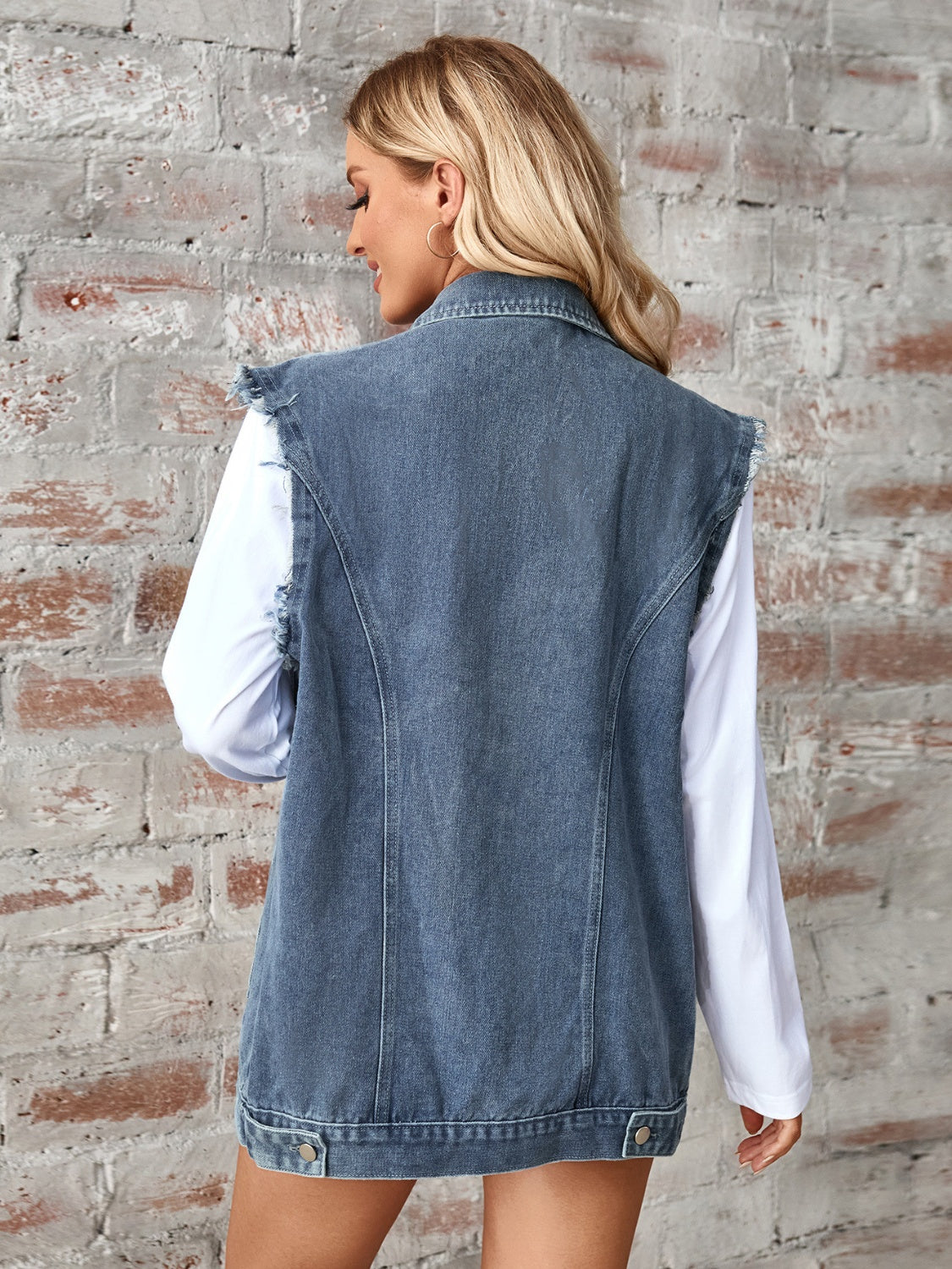 Honeybee Mumford's Raw Hem Sleeveless Button Up Denim Jacket