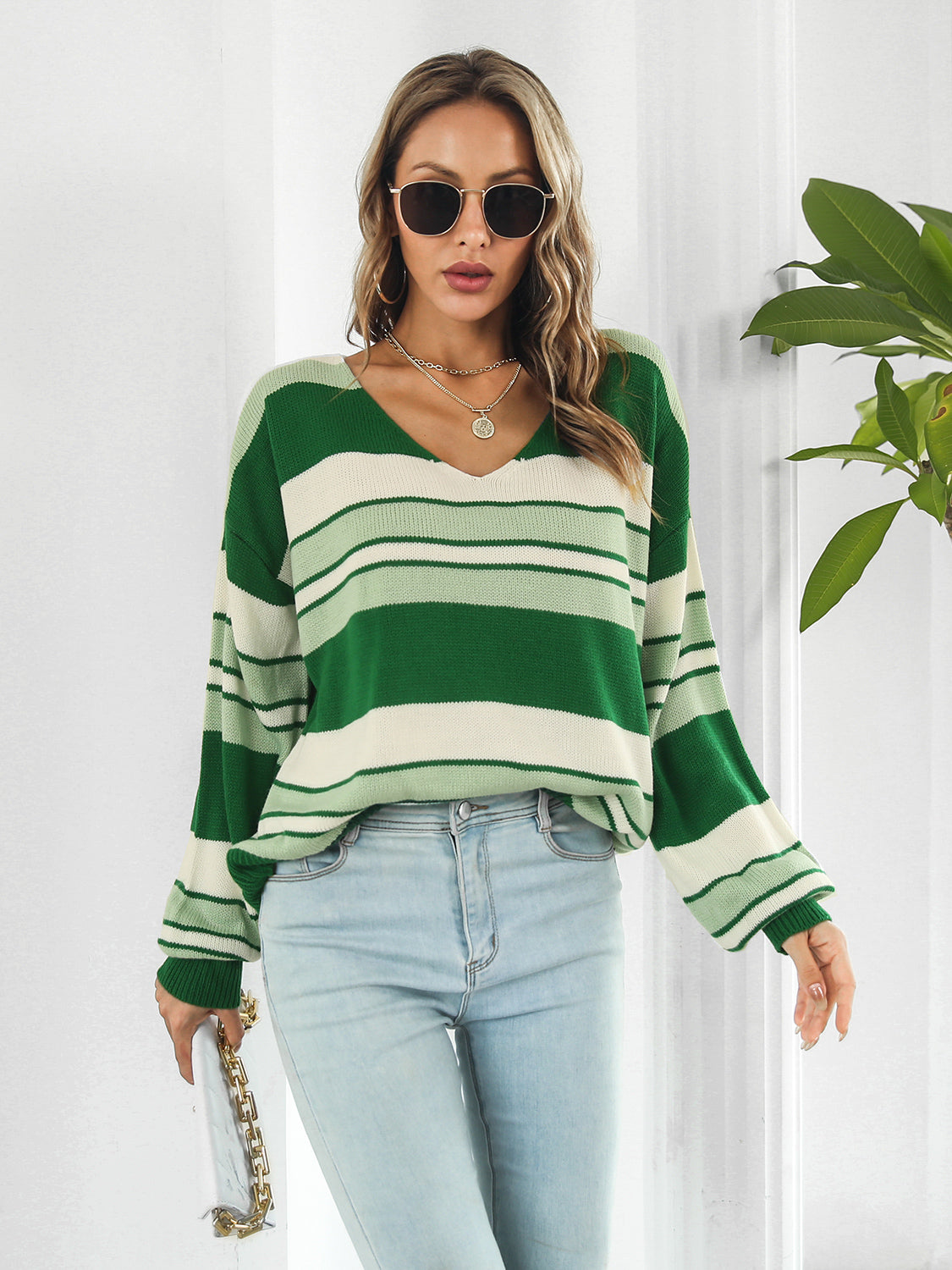 Honeybee Mumford's Striped V-Neck Long Sleeve Knit Top