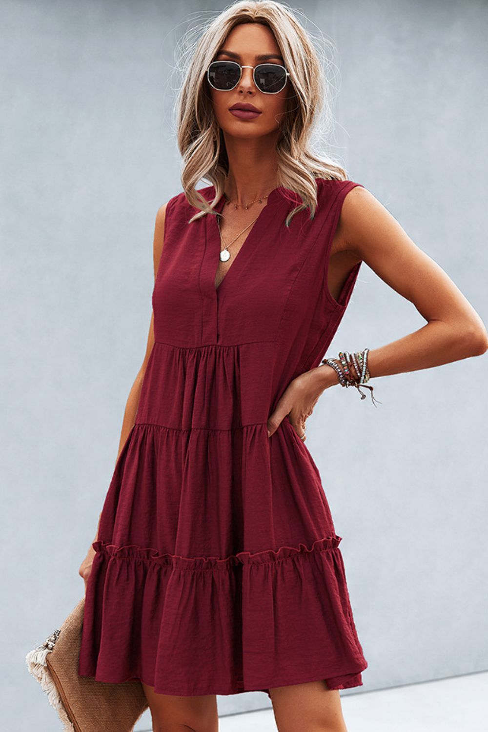 Honeybee Mumford's Frill Trim Notched Sleeveless Tiered Dress