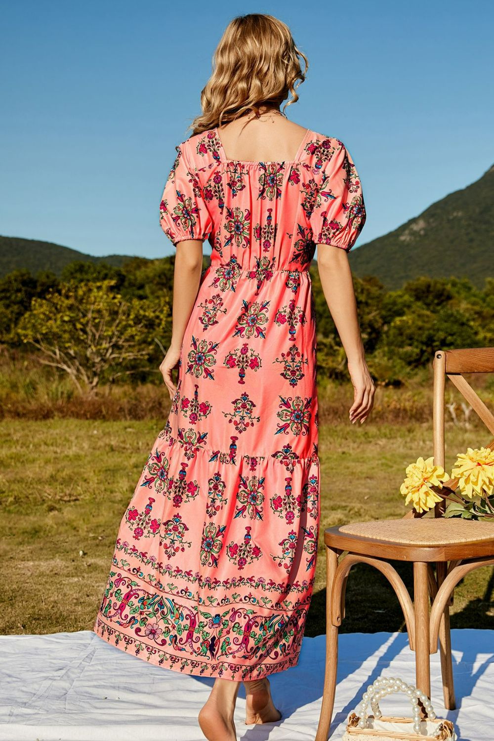 Honeybee Mumford's Casual Floral Ruched Puff Sleeve Tiered Maxi Dress