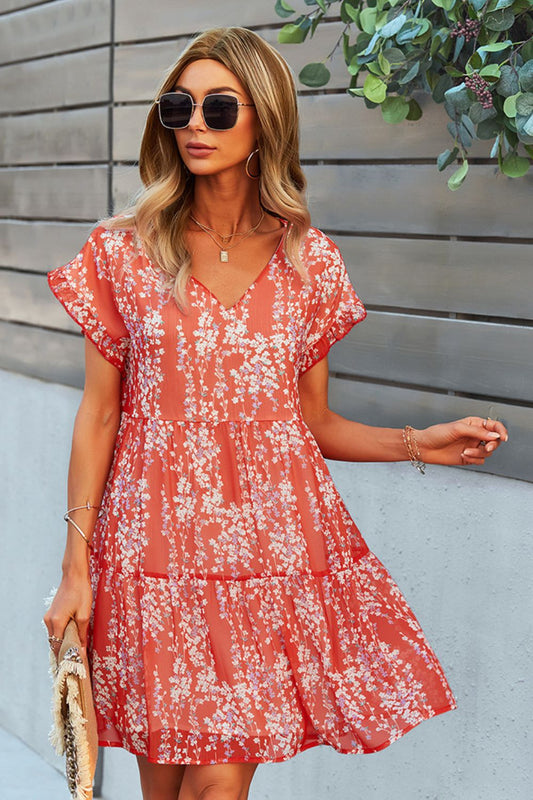 Honeybee Mumford's Printed V-Neck Short Sleeve Tiered Dress