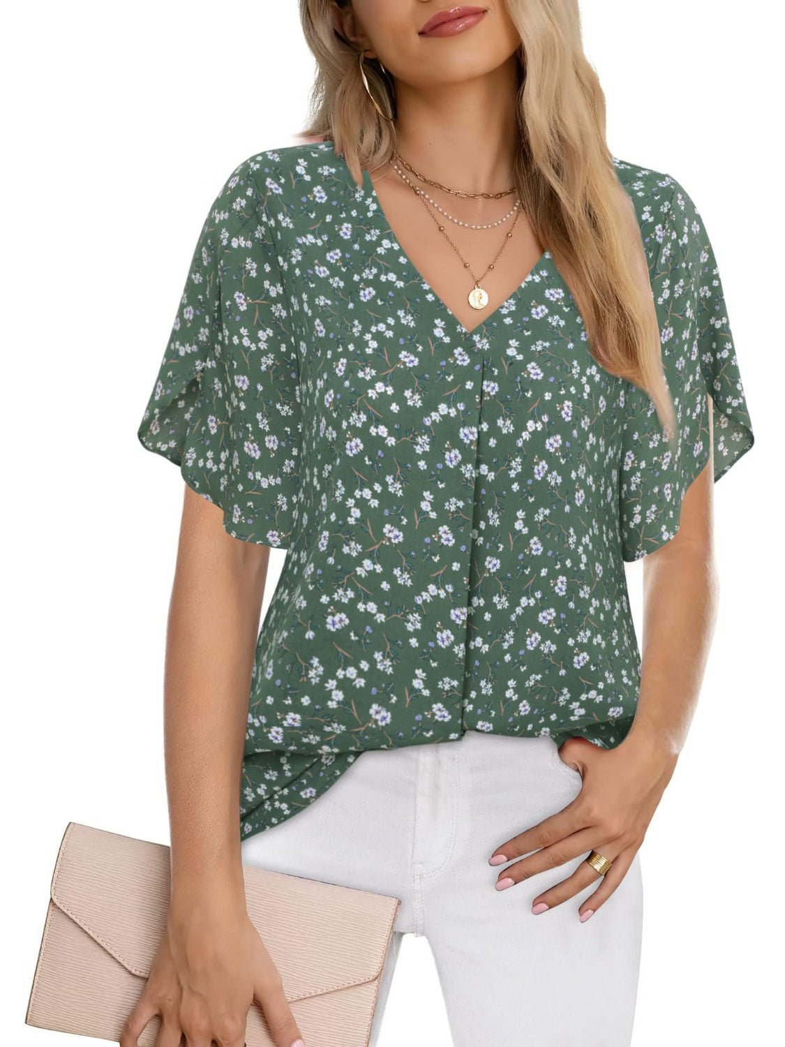 Honeybee Mumford's Printed V-Neck Slit Half Sleeve Blouse