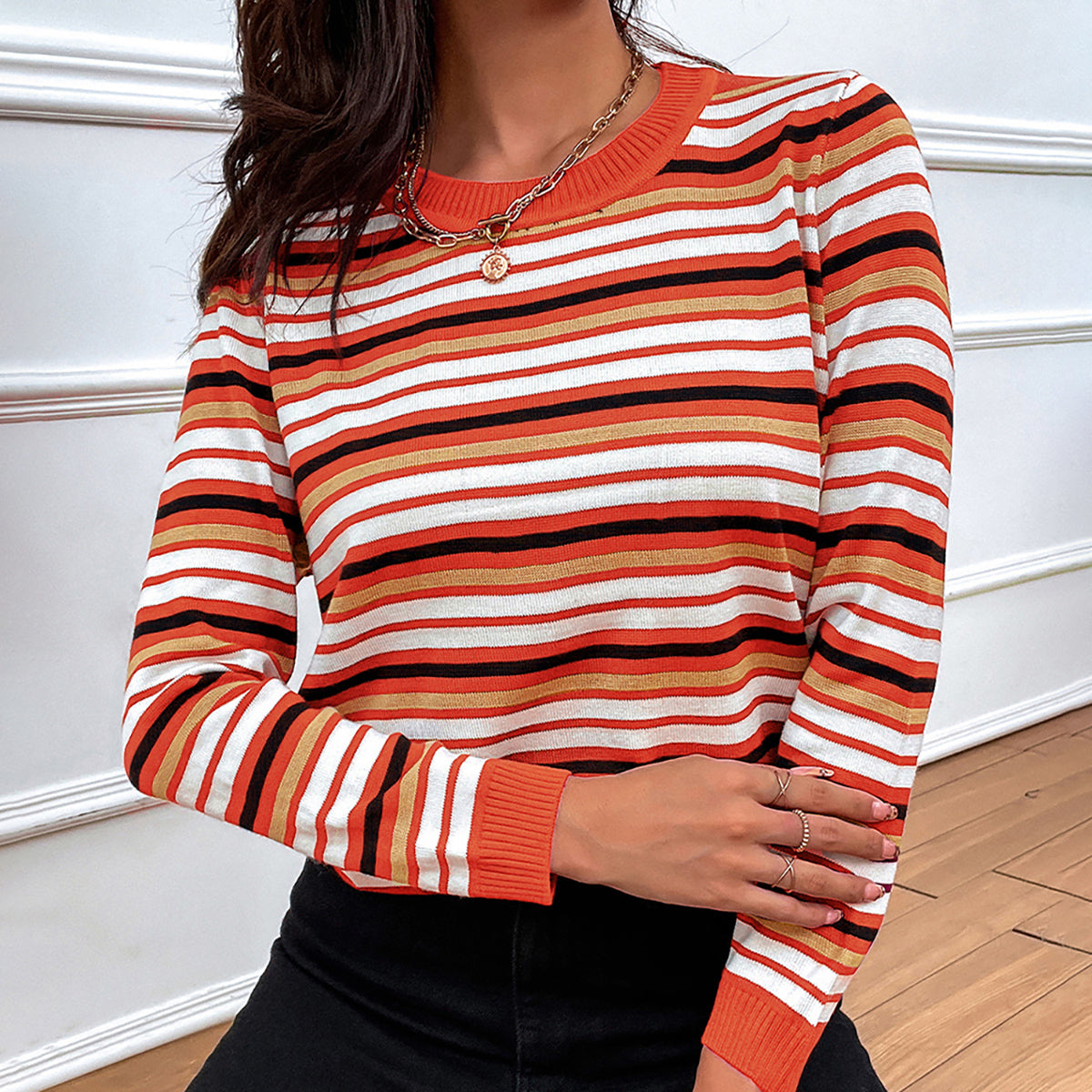 Honeybee Mumford's Striped Round Neck Long Sleeve Sweater