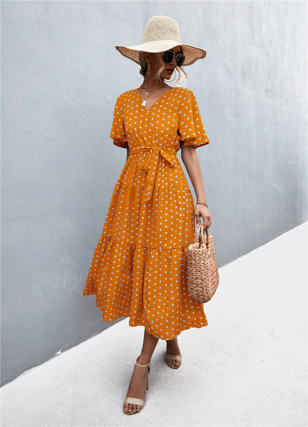 Honeybee Mumford's V-Neck Flutter Sleeve Belted Dress