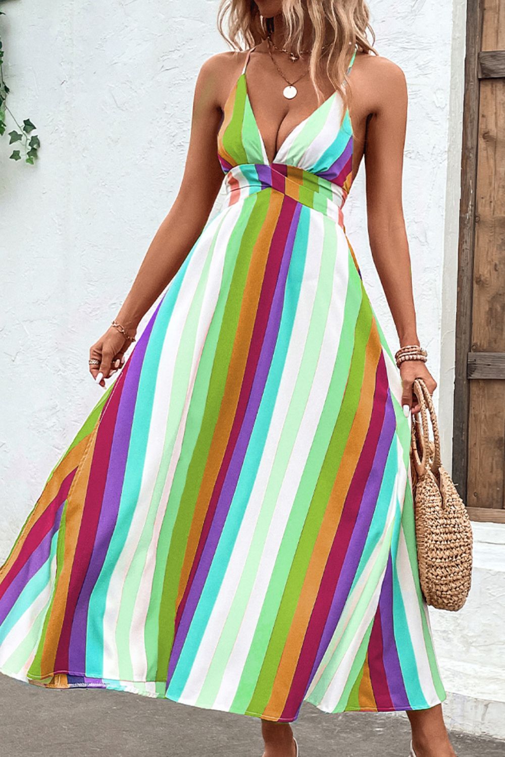 Honeybee Mumford's Multicolored Stripe Crisscross Backless Dress