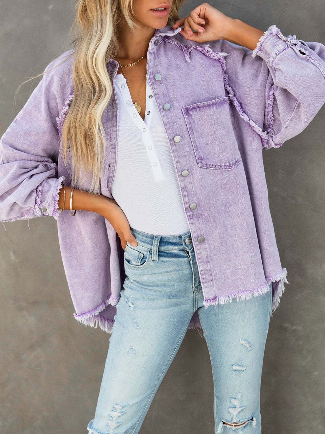 Honeybee Mumford's Button-Down Denim Jacket w/ Raw Hem in Pink and Lavender