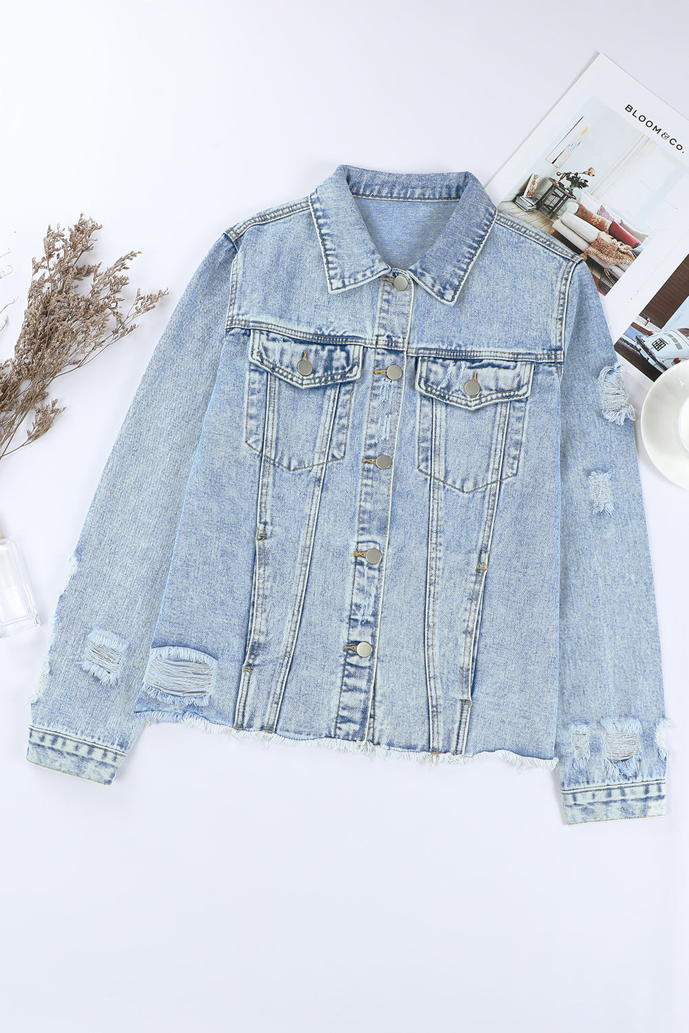 Honeybee Mumford's Blue Lapel Distressed Raw Hem Buttons Denim Jacket