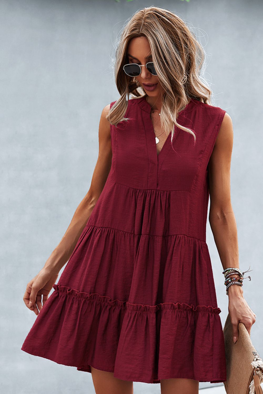 Honeybee Mumford's Frill Trim Notched Sleeveless Tiered Dress