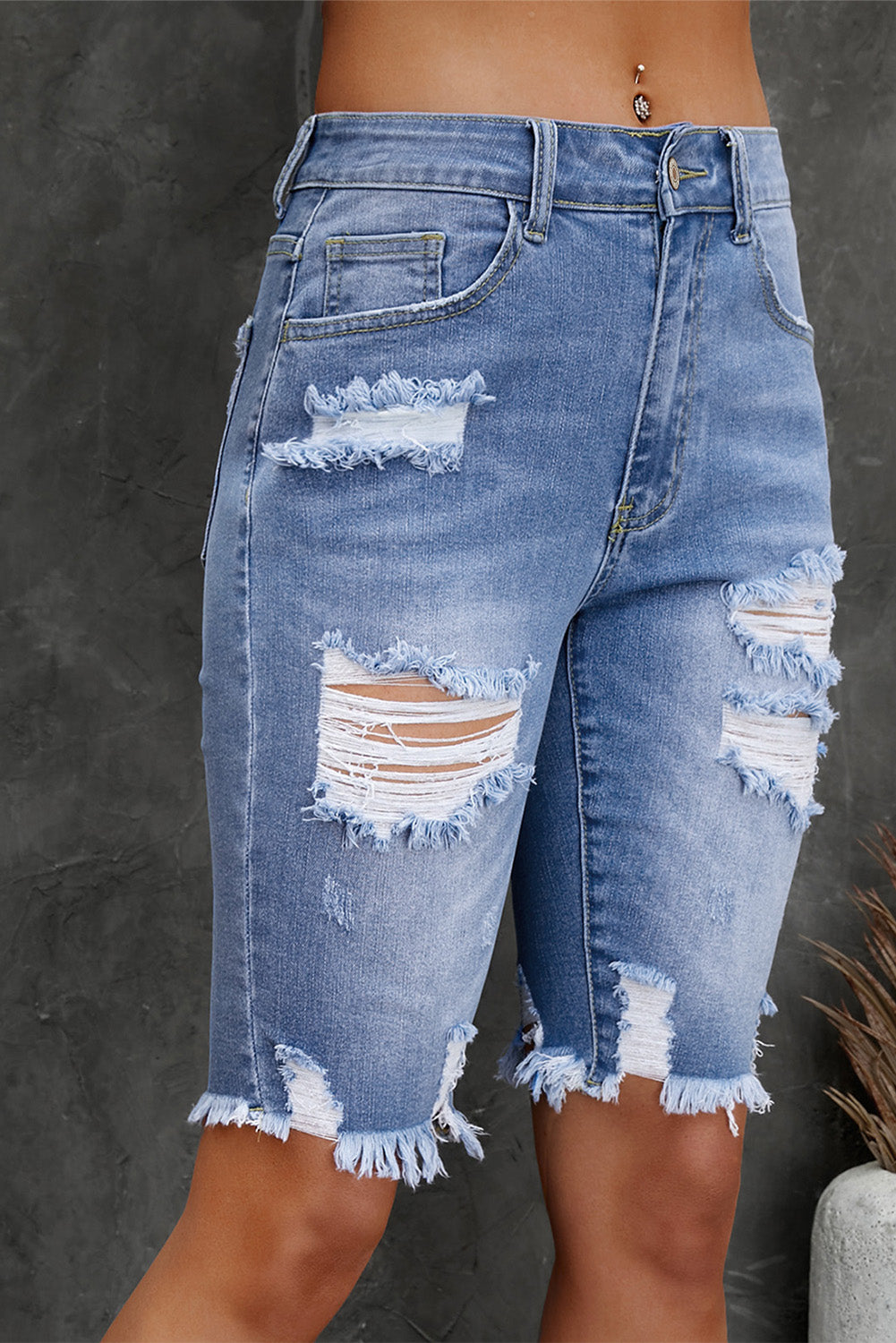 Honeybee Mumford's Distressed Frayed Hem Denim Bermuda Shorts