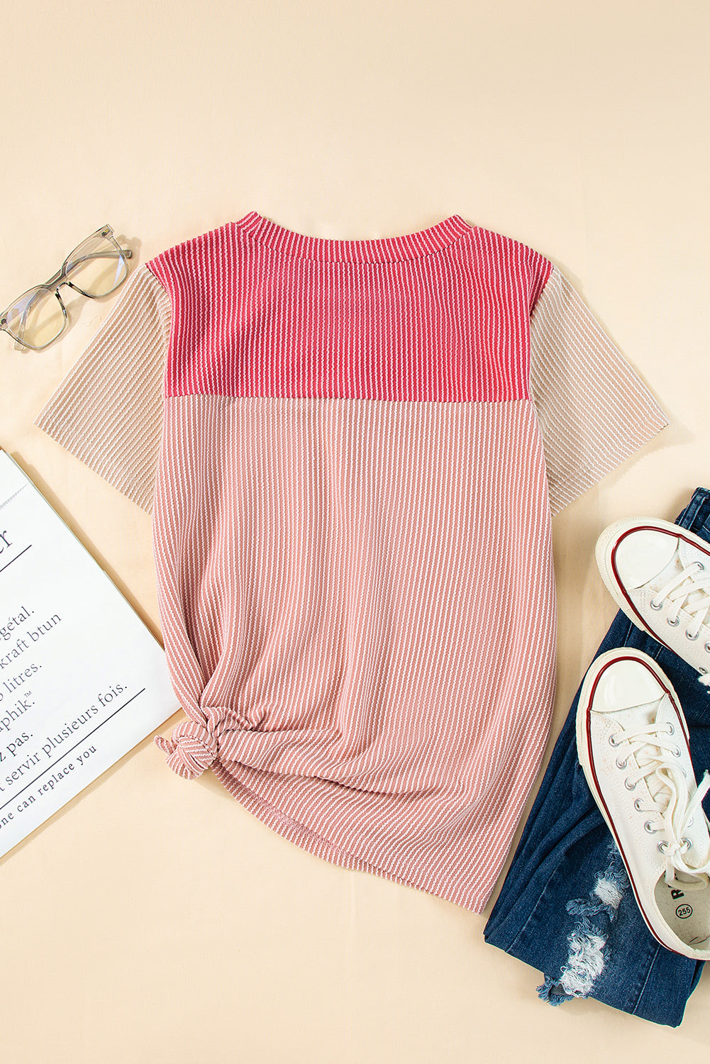 Honeybee Mumford's Pink Rib Textured Colorblock T Shirt