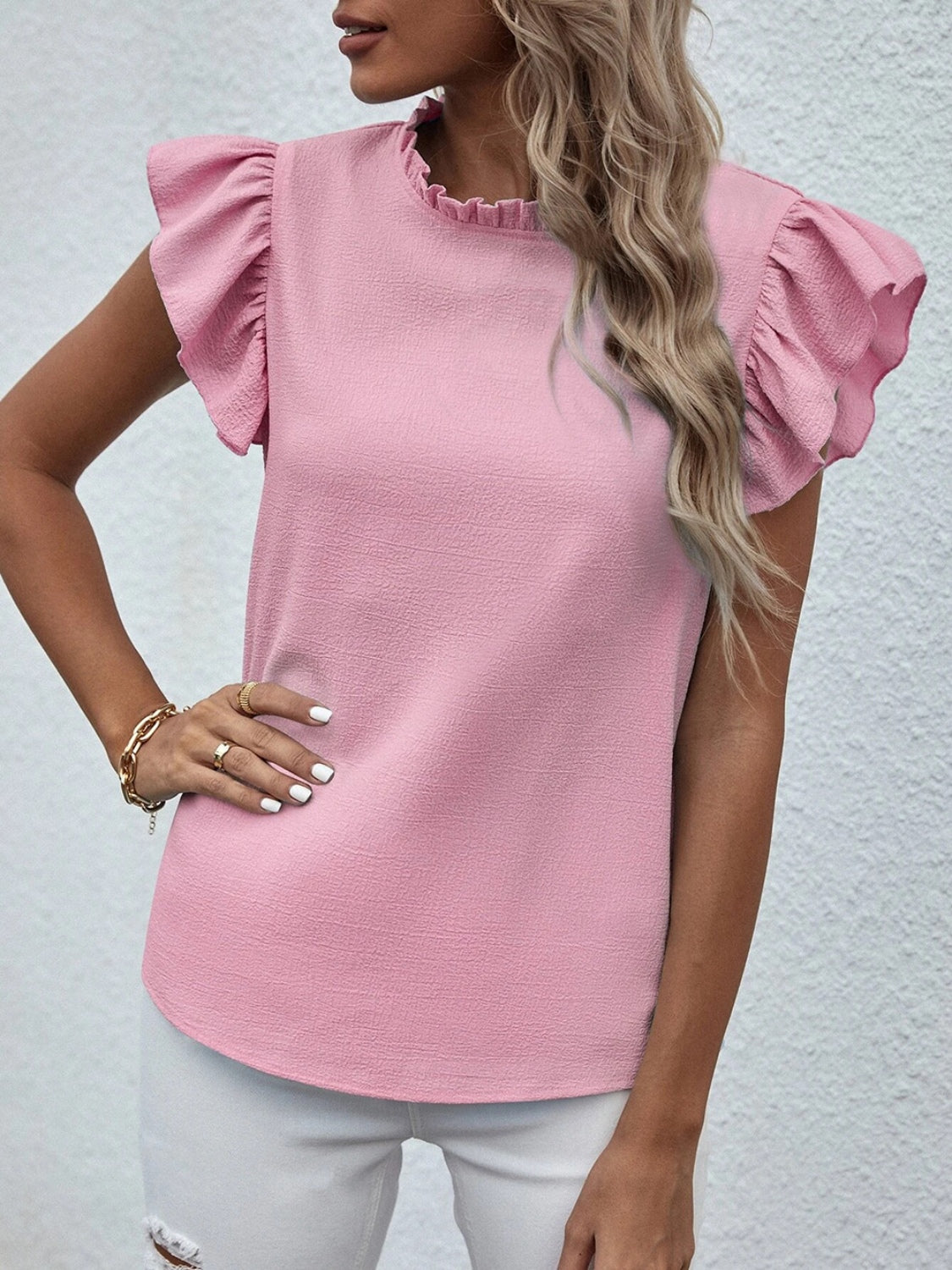 Honeybee Mumford's Mock Neck Ruffled Cap Sleeve Blouse