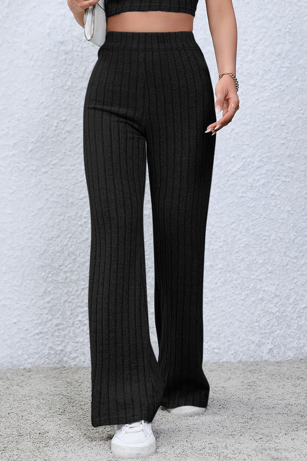 honeybee Mumford's Ribbed High Waist Flare Pants (Black , Dark Blue, Deep Teal, Light Gray colors)