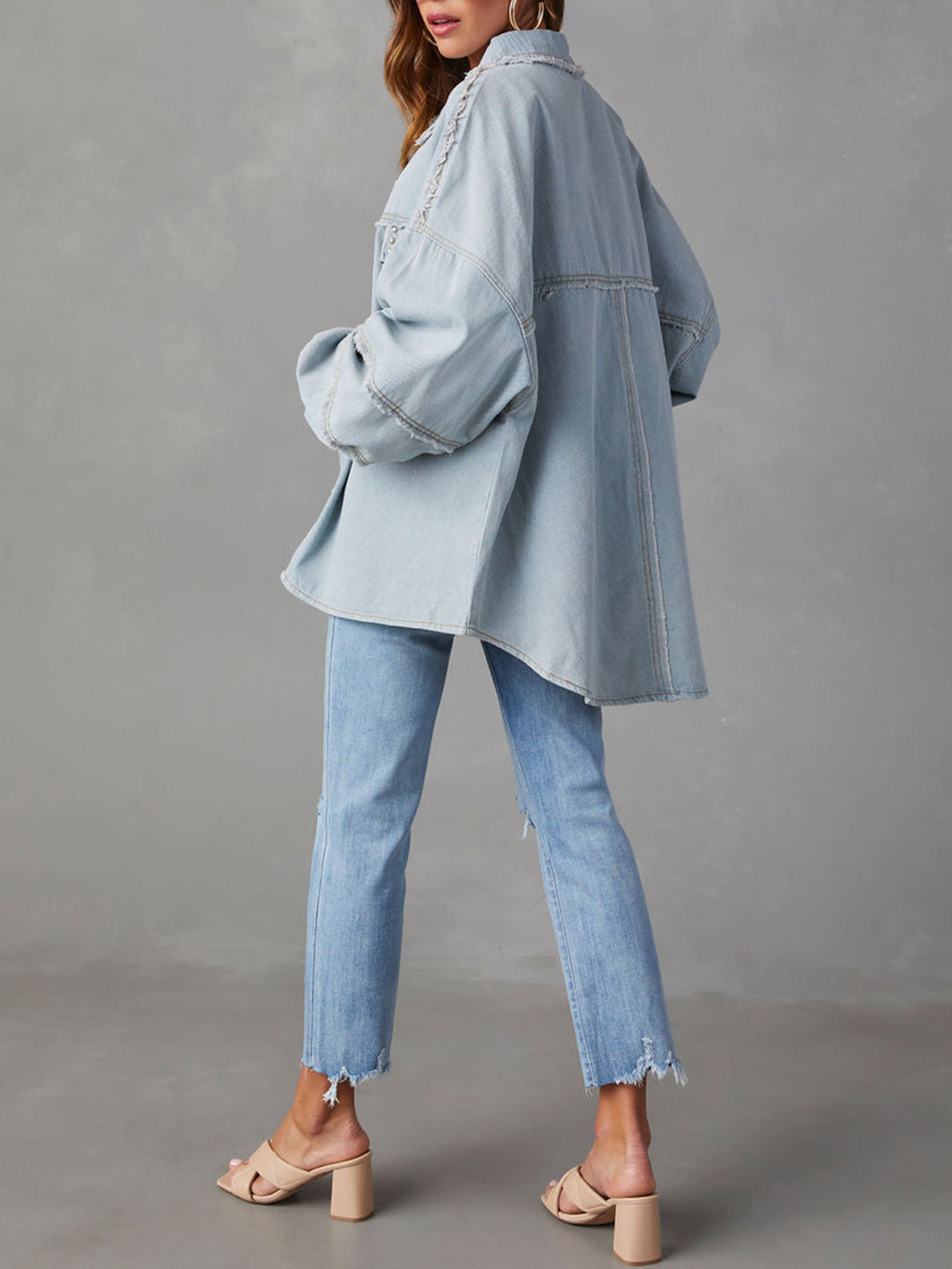 Honeybee Mumford's Button Down Denim Jacket w/Raw Hem in Ivory & Light Blue