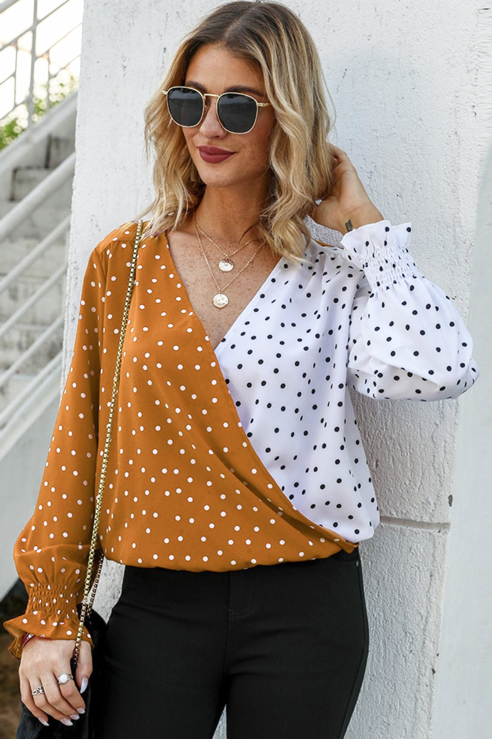 Honeybee Mumford's Polka Dot Surplice Neck Lantern Sleeve Blouse