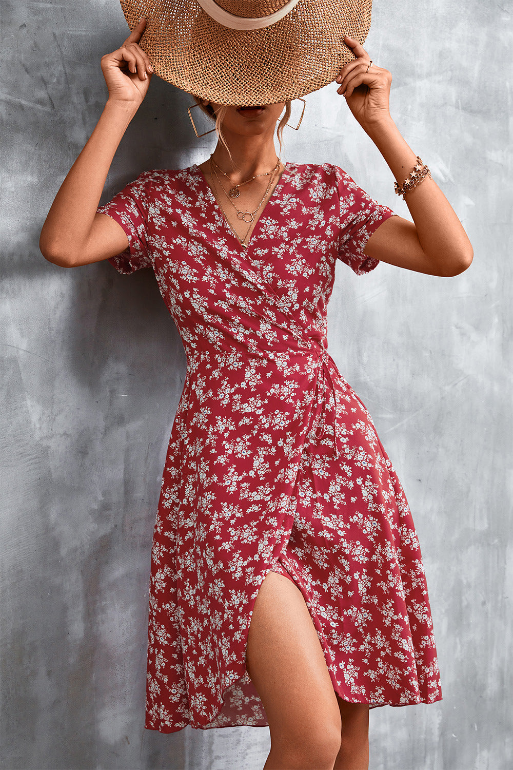 Honeybee Mumford's Floral Surplice Neck Flutter Sleeve Dress