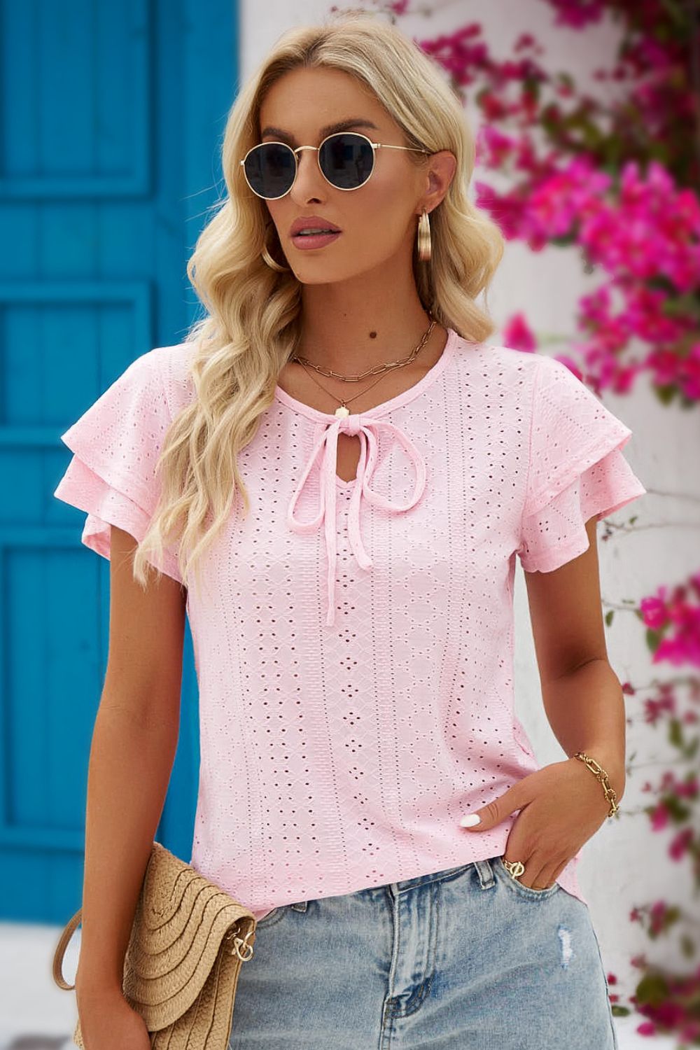 Honeybee Mumford's Eyelet Tie-Neck Flutter Sleeve Blouse