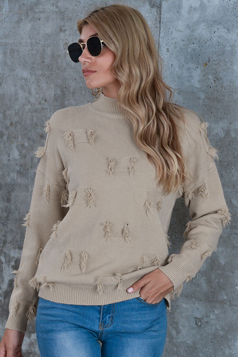 Honeybee Mumford's Mock Neck Frayed Trim Sweater