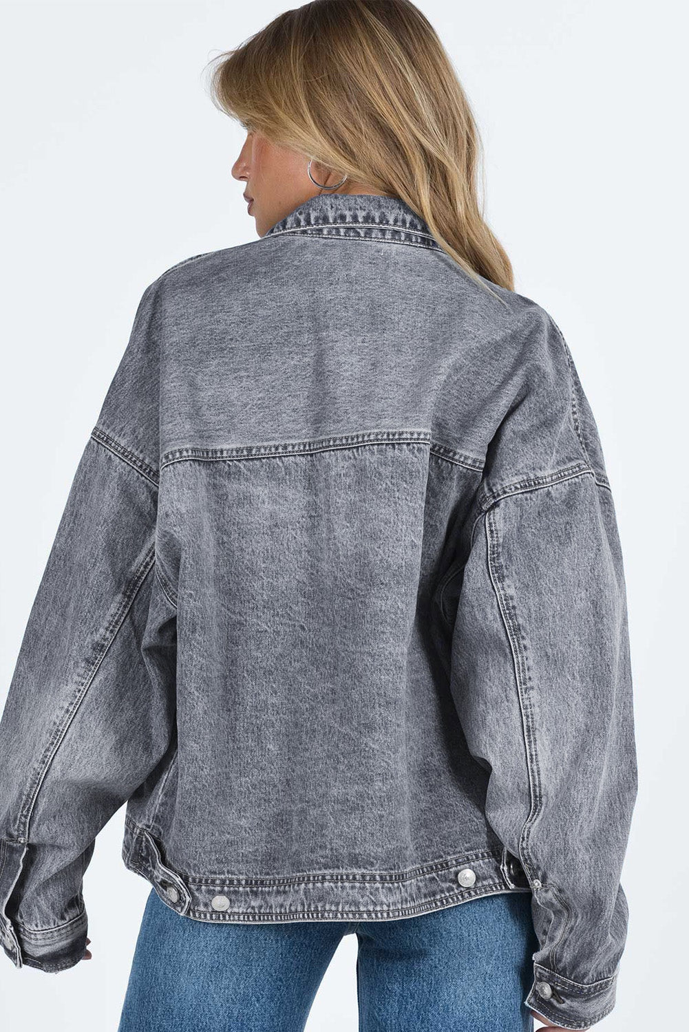 Honeybee Mumford's Gray Chest Pockets Drop Shoulder Loose Denim Jacket