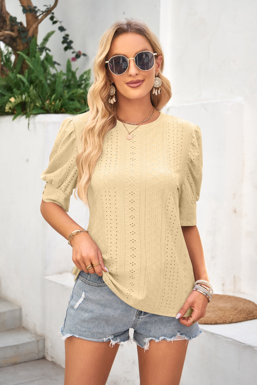 Honeybee Mumford's Openwork Round Neck Short Sleeve Blouse