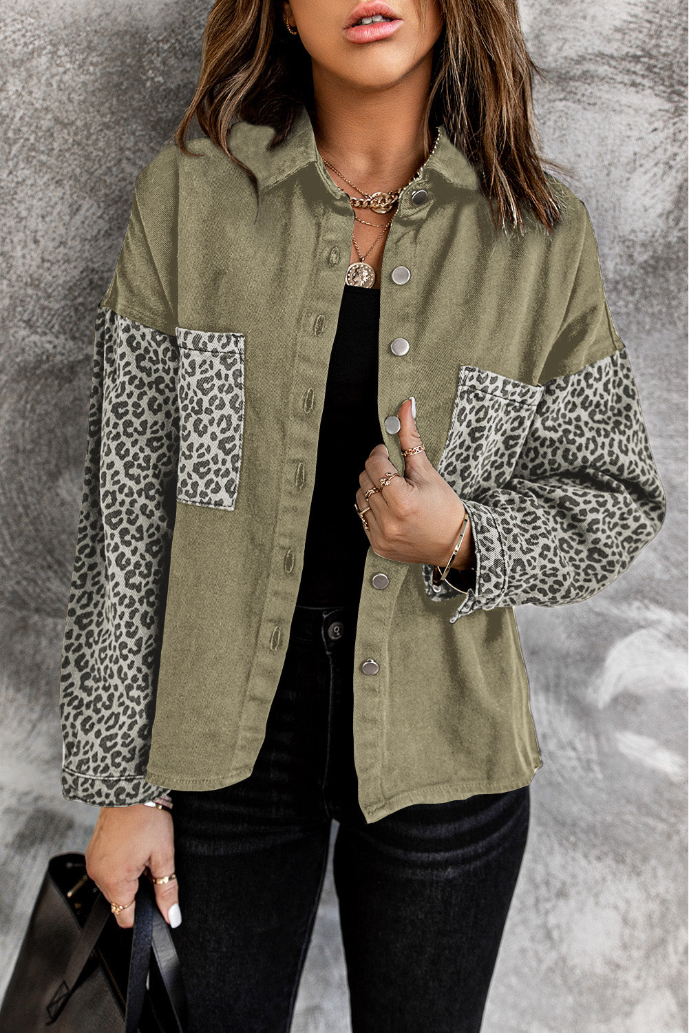 Honeybee Mumford's Contrast Leopard Denim Jacket