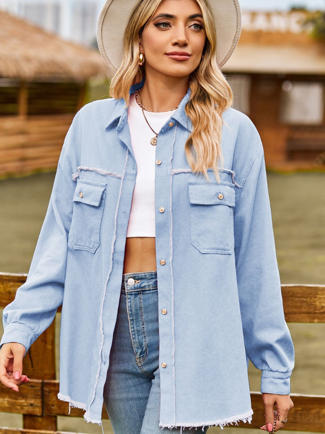 Honeybee Mumford's Button Up Collared Neck Raw Hem Denim Top