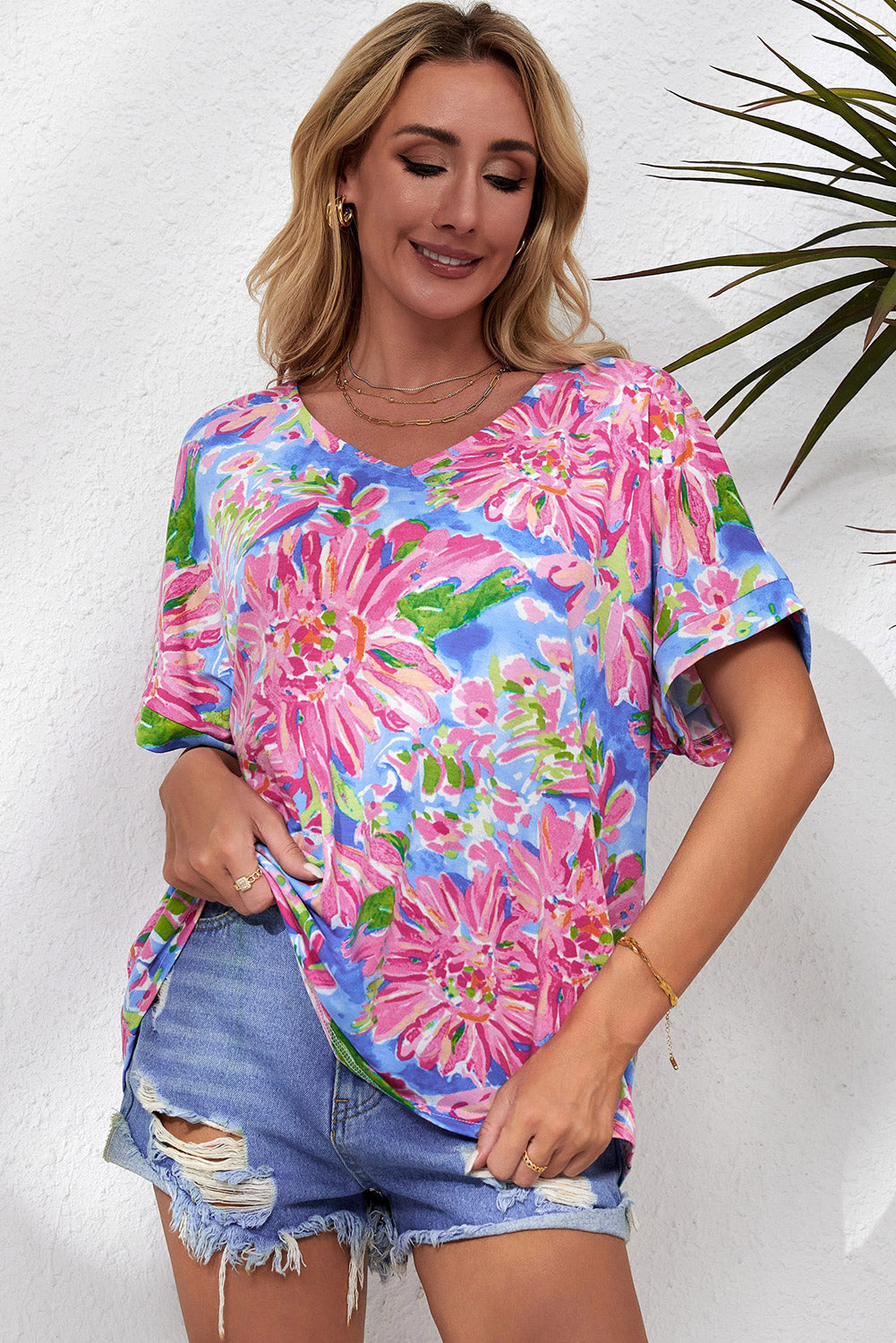 Honeybee Mumford's Floral V-Neck Short Sleeve Blouse